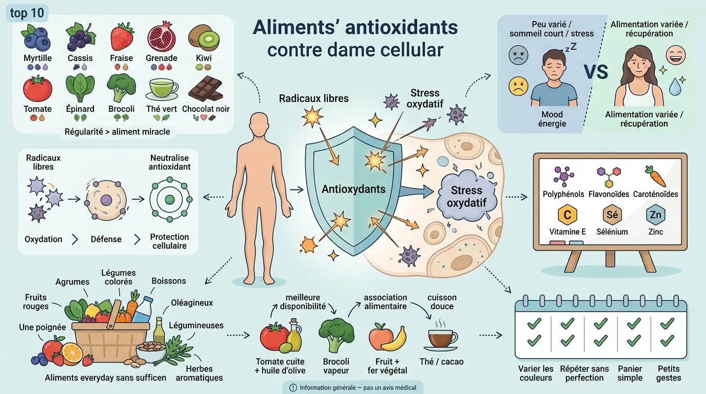 Infographie éducative sur les aliments riches en antioxydants, montrant un bouclier protégeant les cellules des radicaux libres.