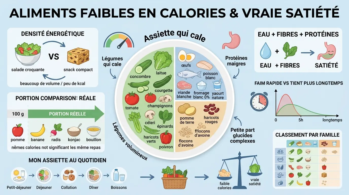 Infographie éducative sur aliments faibles calories, illustrant un repas équilibré et des mécanismes de satiété.