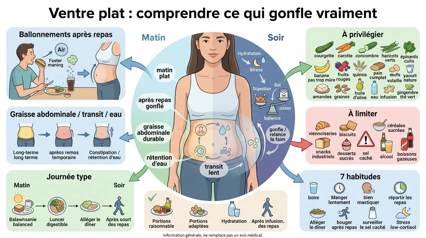 Infographie éducative sur les aliments pour un ventre plat, montrant les causes de ballonnements et des habitudes saines.