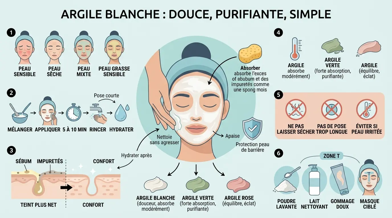 Infographie sur l'argile blanche pour le visage, ses bienfaits, utilisation, types de peau et erreurs à éviter.