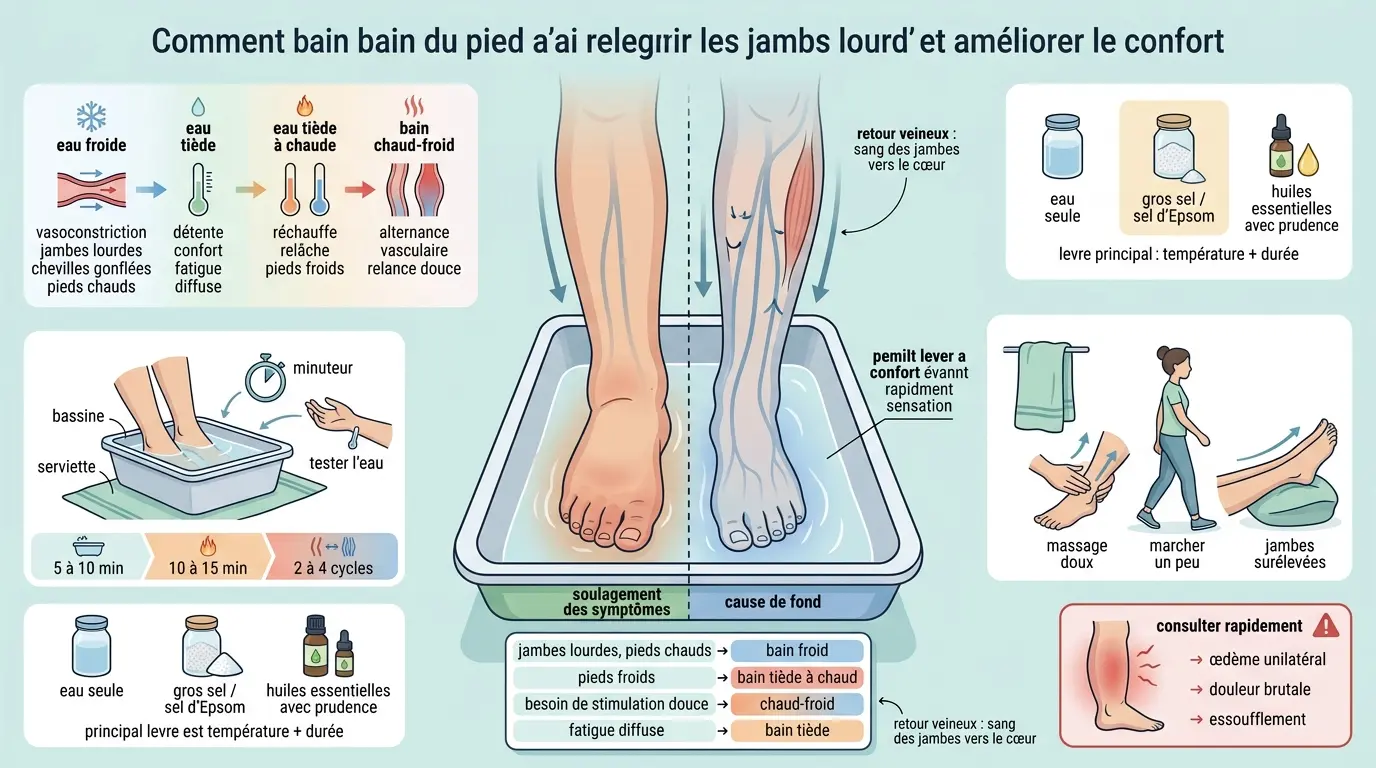 Infographie sur les bains de pieds circulation, montrant des pieds dans un bain, soulagement des jambes lourdes et confort amélioré.
