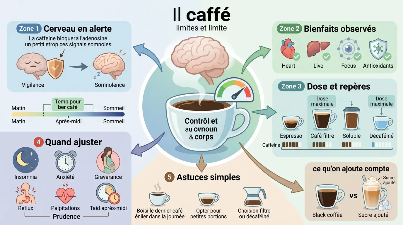 Infographie éducative sur les bienfaits café, illustrant les effets, doses et conseils pour une consommation optimale.
