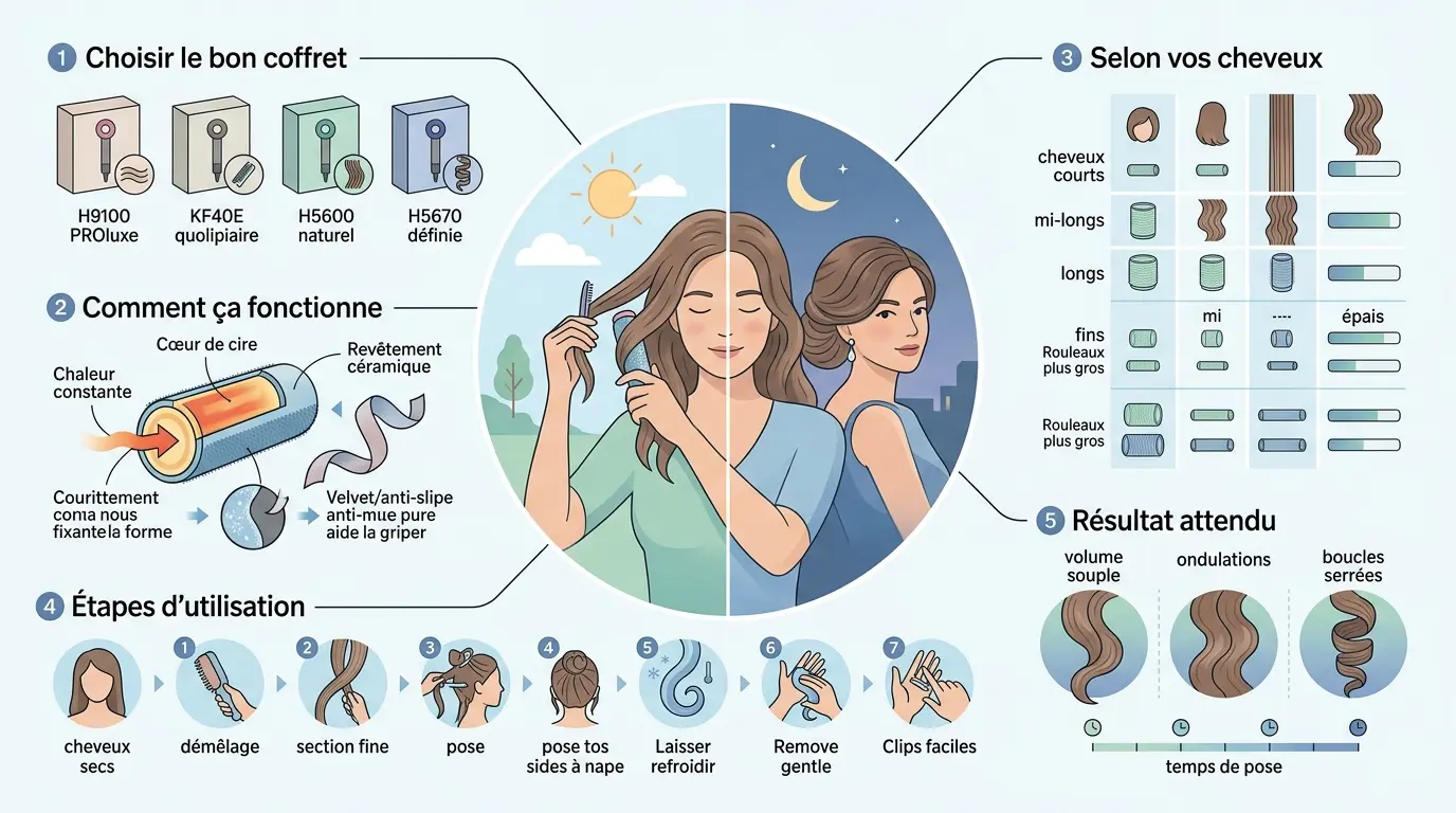 Infographie éducative sur les bigoudis chauffants Remington, montrant le processus de coiffage avec étapes et résultats attendus.