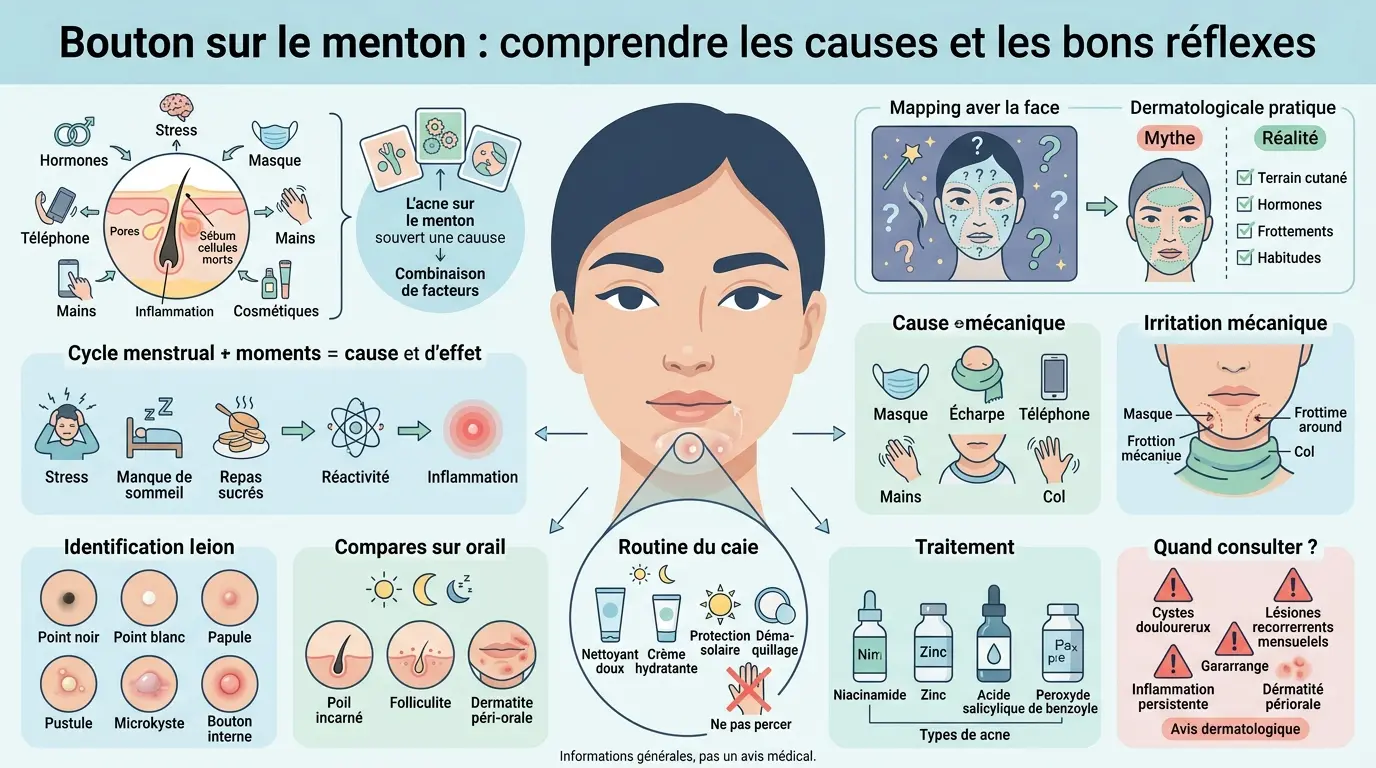 Infographie éducative sur le bouton sur le menton signification, illustrant causes, soins et traitements avec des visuels clairs.