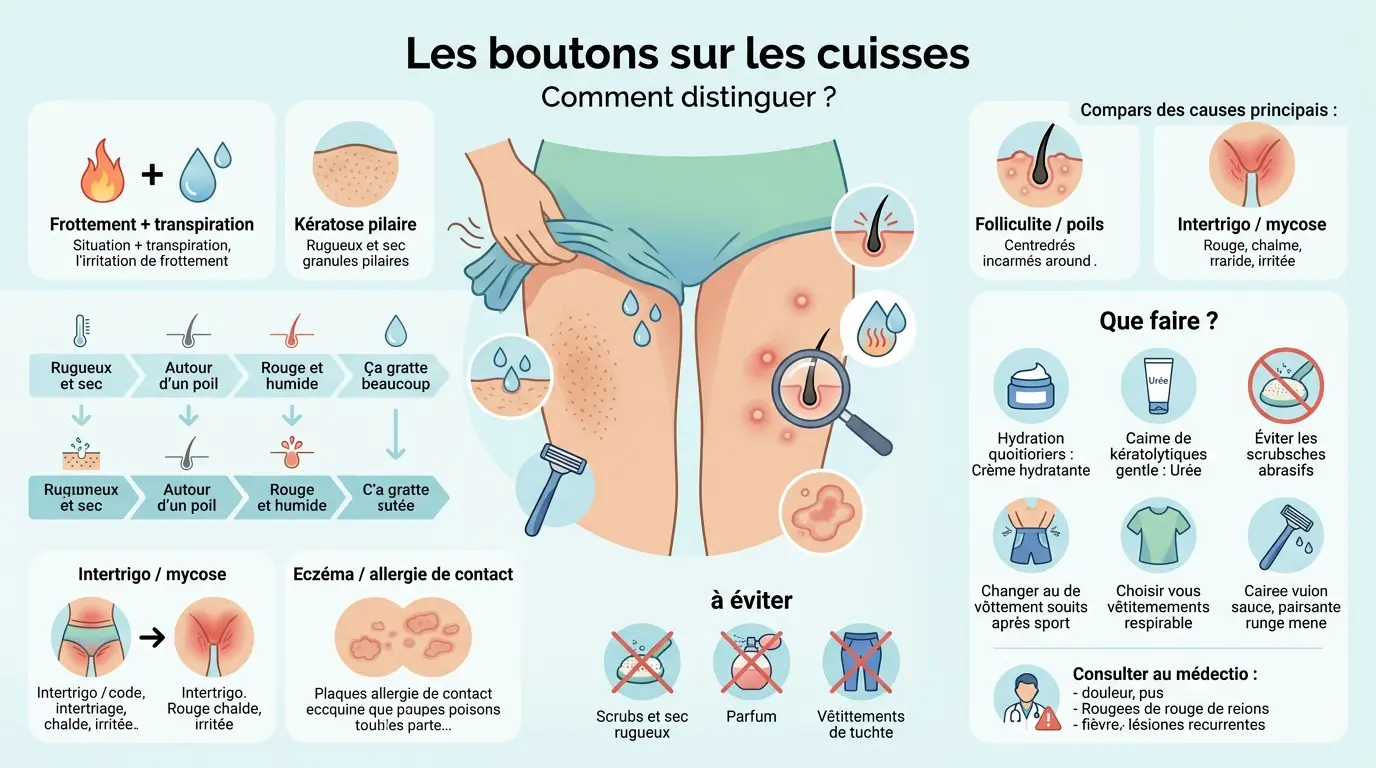Infographie éducative sur les causes des boutons sur les cuisses, illustrant frottement, transpiration, et autres facteurs.