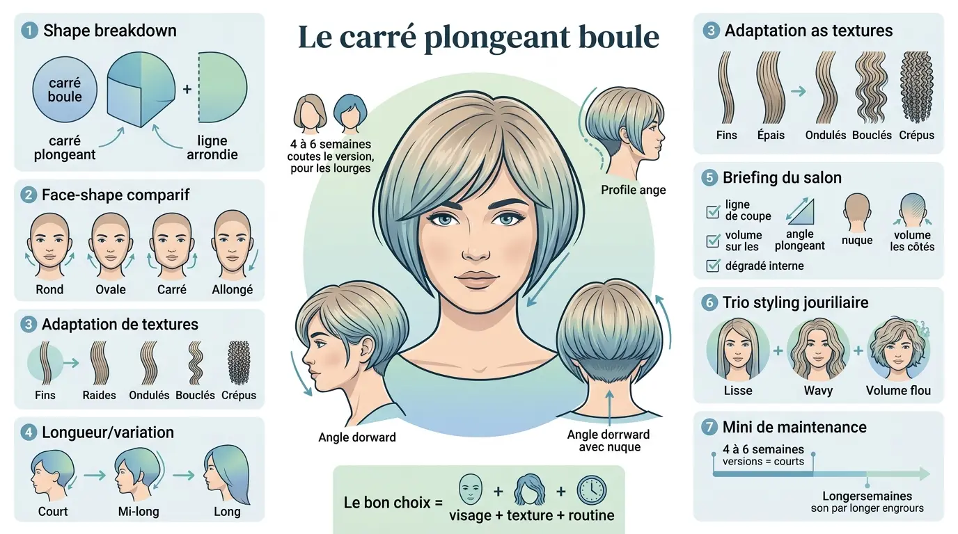 Infographie éducative sur le carré plongeant boule, présentant des illustrations et des conseils sur les coupes et styles.
