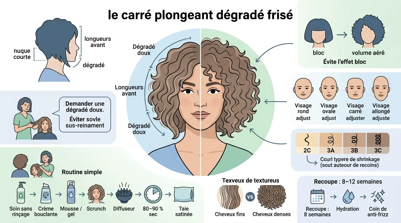 Infographie éducative sur le carré plongeant dégradé frisé, montrant une femme avec des boucles et des explications visuelles.