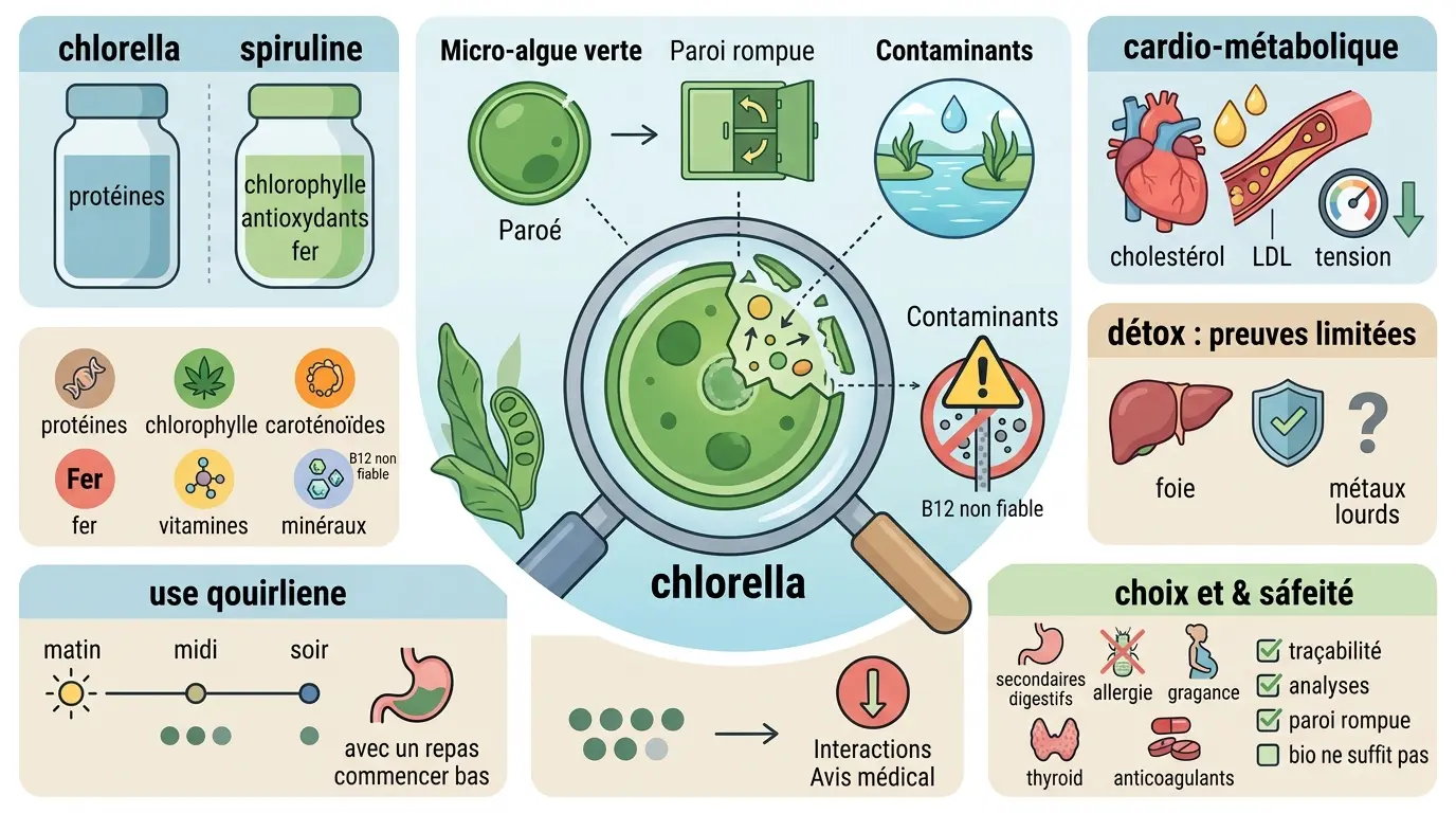 Infographie éducative sur la chlorella bienfaits, illustrant ses nutriments, effets sur la santé et conseils d'utilisation.