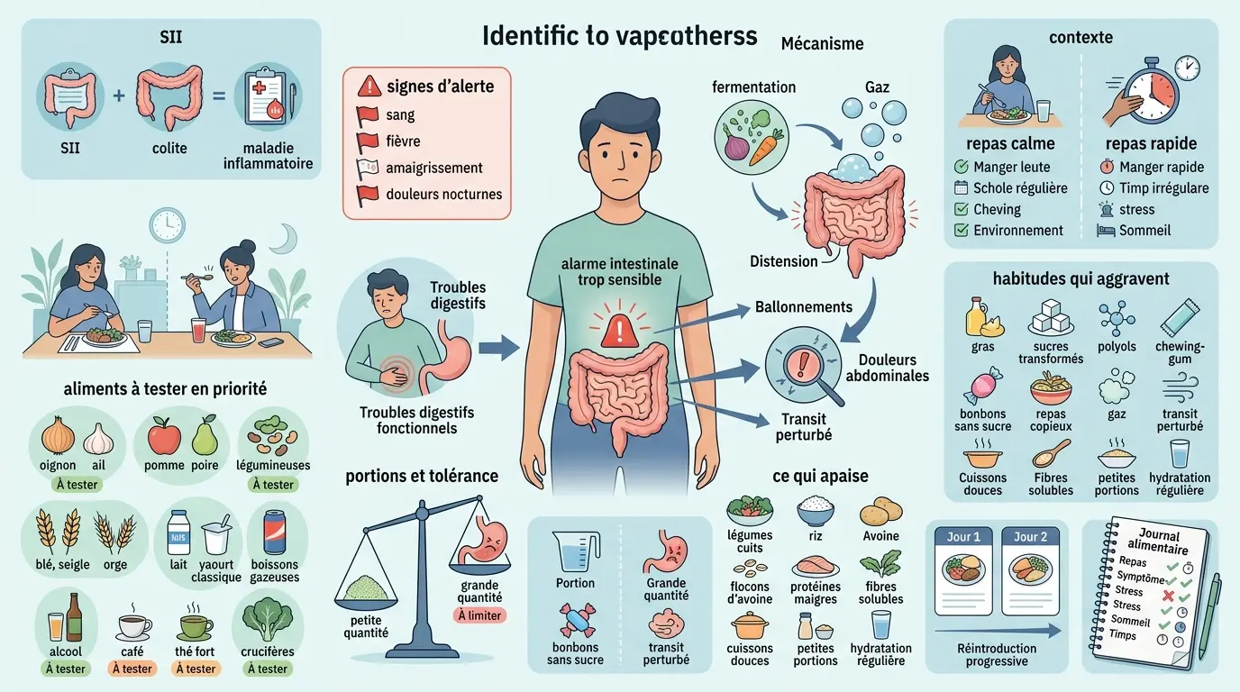 Infographie éducative sur le colon irritable, montrant l'alimentation à éviter et les habitudes à adopter pour soulager les symptômes.