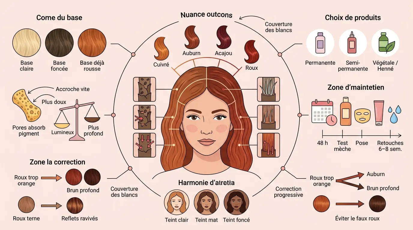 Infographie éducative sur colorer des cheveux roux, montrant transformation capillaire, choix de nuances et conseils d'entretien.
