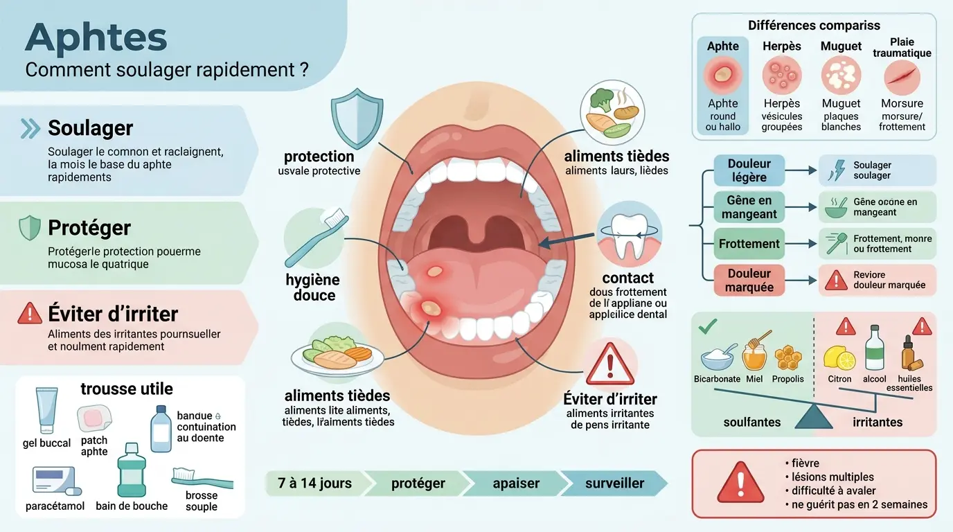 Infographie éducative sur comment faire partir les aphtes, montrant un aphte dans une bouche, avec conseils visuels pour soulager et protéger.