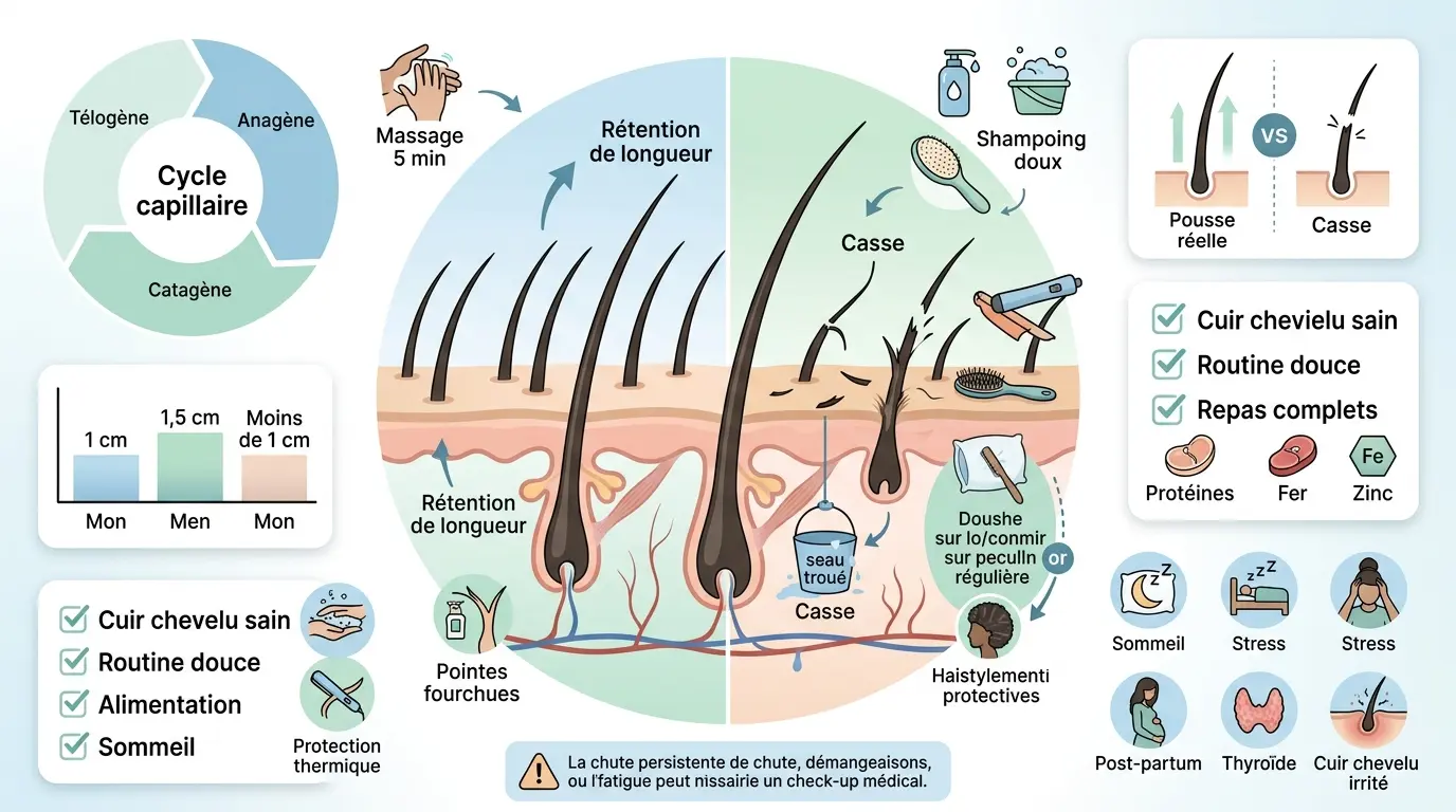 Infographie éducative sur comment faire ses cheveux pousser plus vite, illustrant le cycle capillaire et les facteurs de croissance.