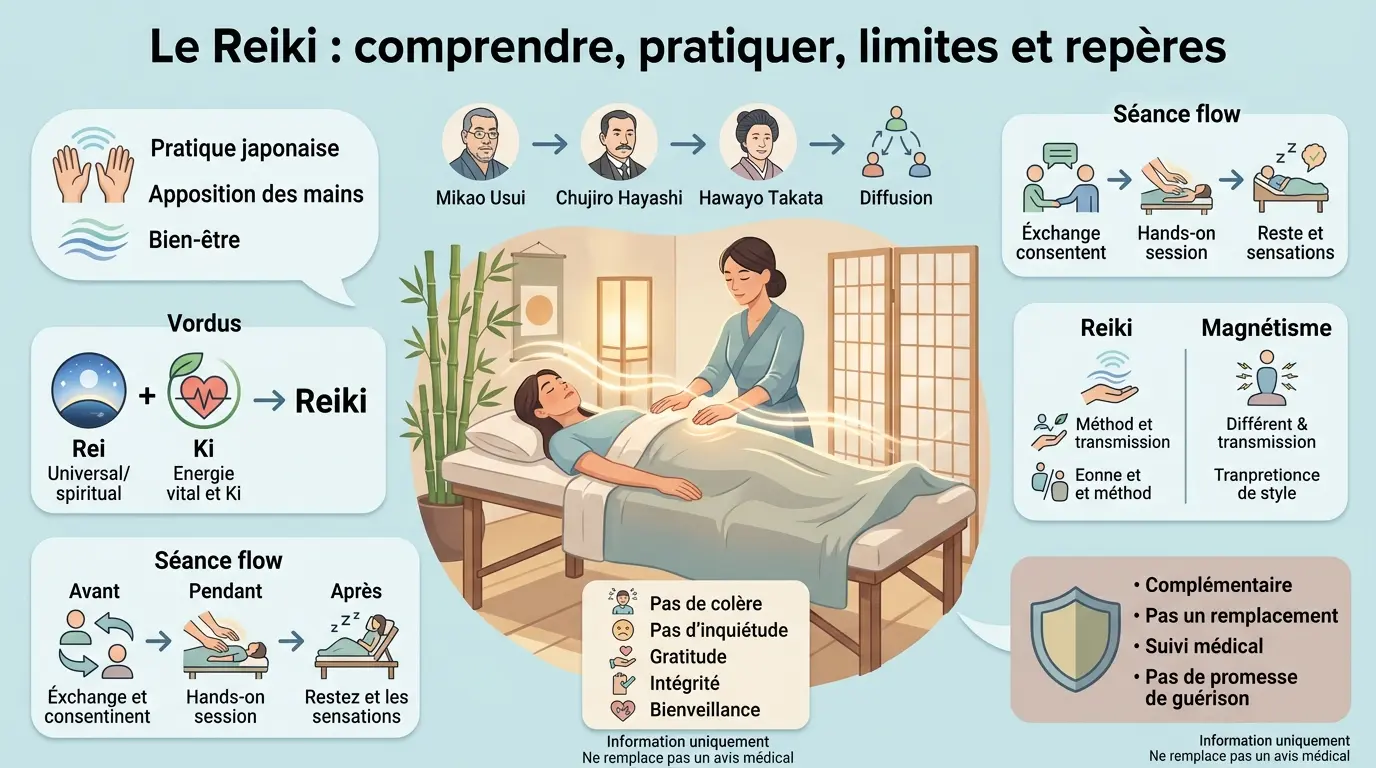Infographie éducative illustrant la définition du reiki, montrant une séance de bien-être avec des éléments explicatifs.