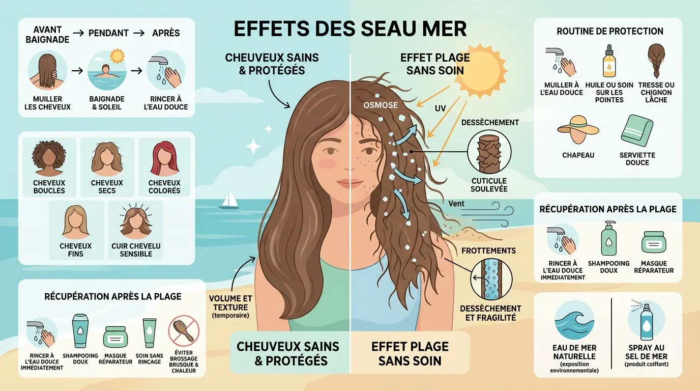Infographie sur les effets de l'eau de mer sur les cheveux, montrant l'équilibre entre l'effet plage et les dommages causés par le sel.
