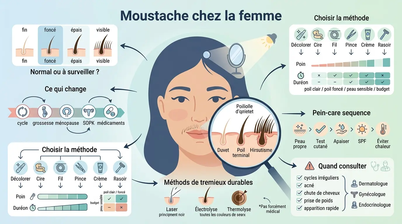 Infographie éducative sur la femme moustache, présentant types de poils, méthodes d'épilation et conseils de soins.