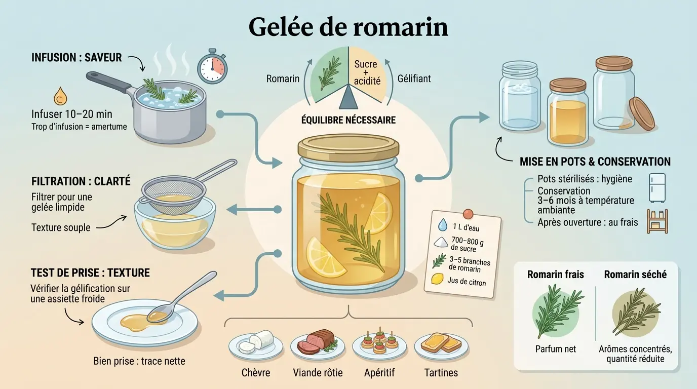 Infographie éducative sur la gelée de romarin, illustrant la préparation et l'utilisation avec des ingrédients et recettes.