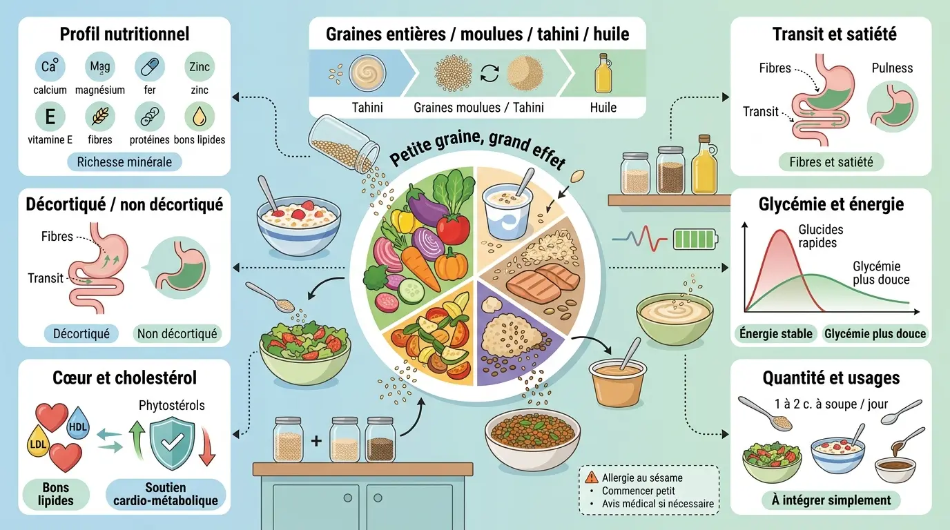 Infographie éducative sur les graines de sésame bienfaits, illustrant leur impact nutritionnel et usages quotidiens.