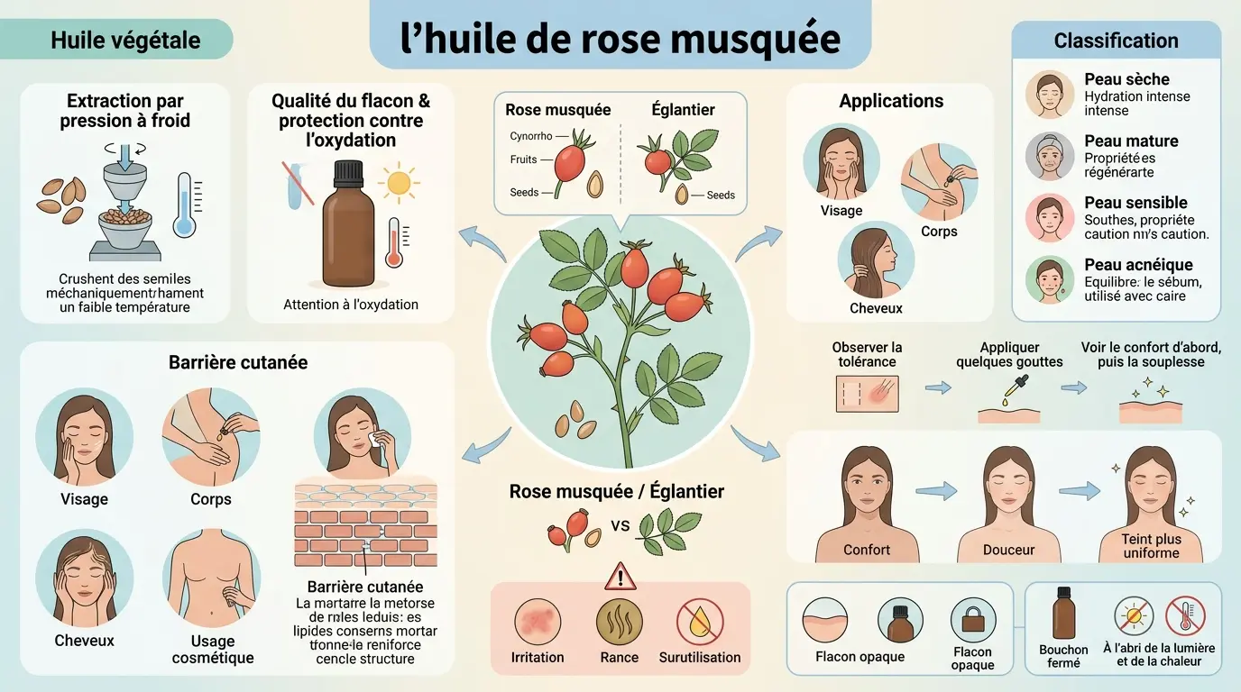 Infographie éducative sur les bienfaits de l'huile de rose musquée, illustrant extraction, applications et types de peau.