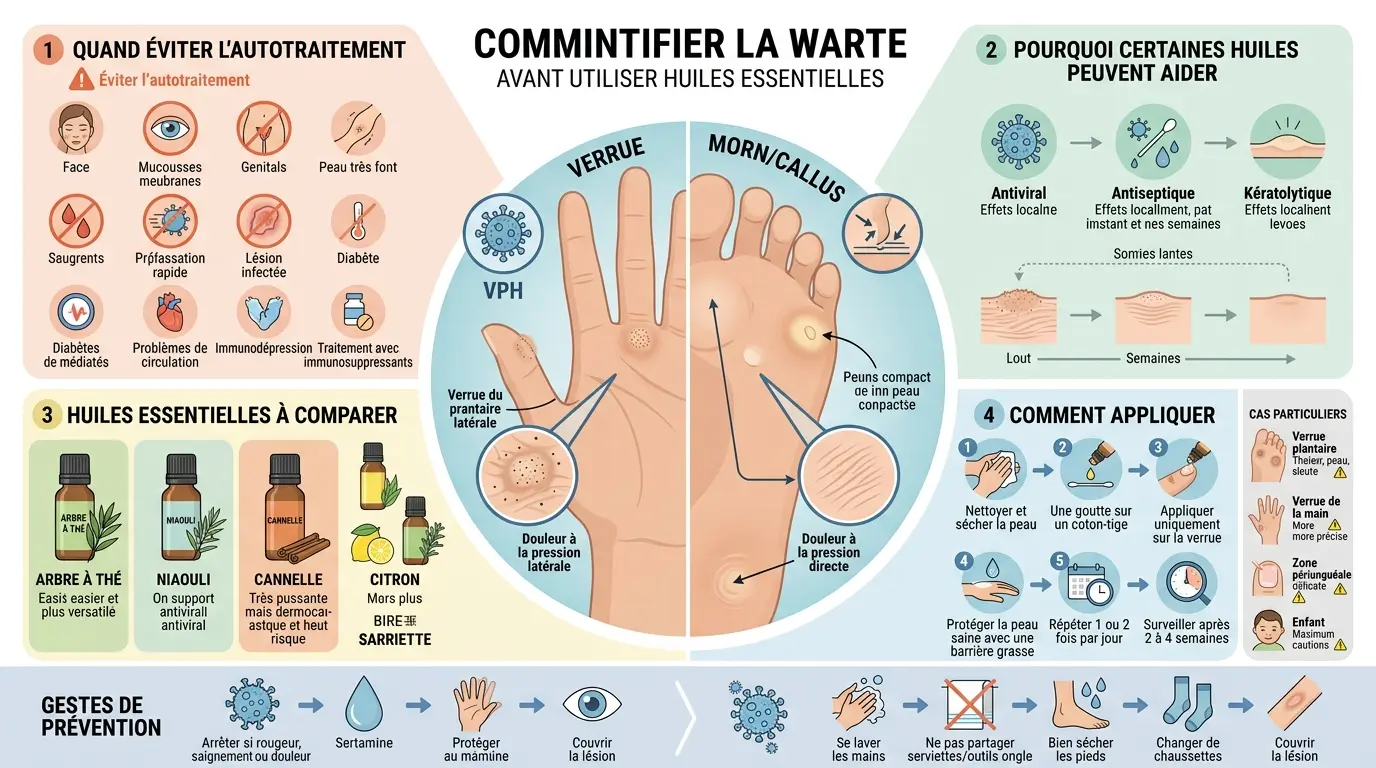 Infographie éducative sur les huiles essentielles pour verrues, comparant verrues et cors, avec conseils d'application et précautions.