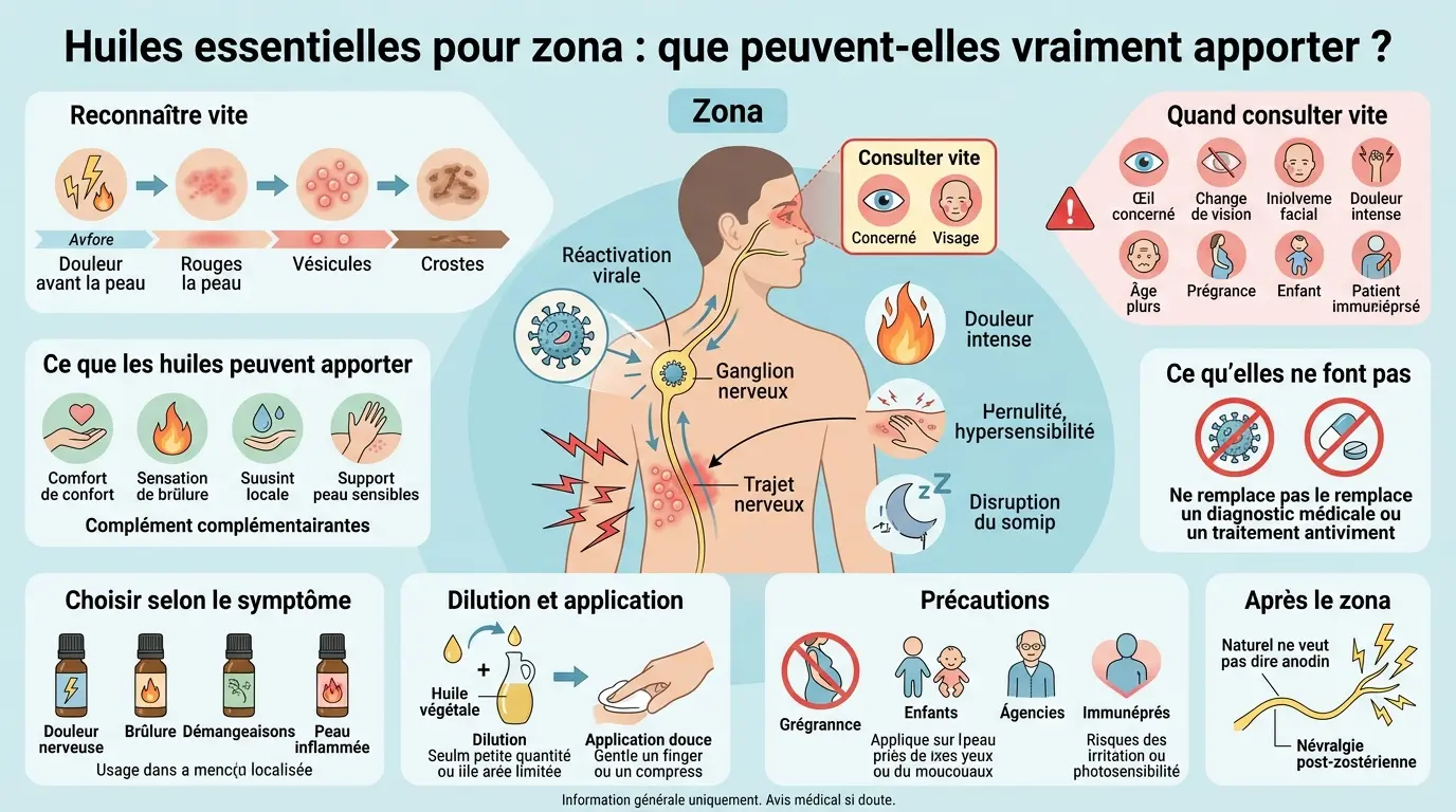 Infographie éducative sur les huiles essentielles pour zona, illustrant symptômes, traitements et précautions.