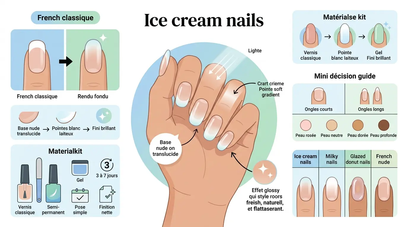 Infographie éducative sur les ice cream nails avec main manucurée, comparaisons, étapes et conseils en français.