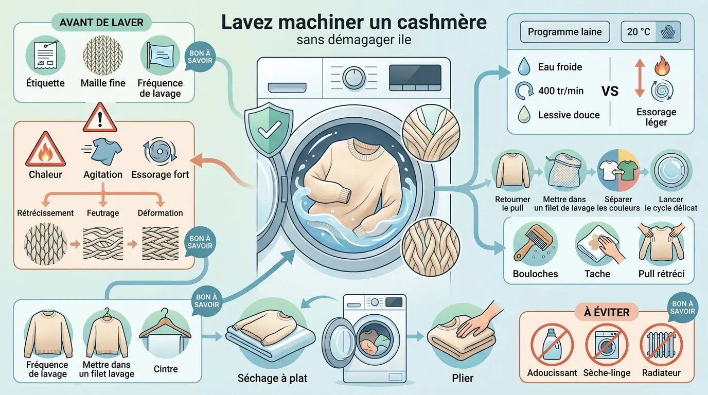 Infographie éducative sur comment laver du cachemire en machine, montrant un pull délicat et des conseils visuels.
