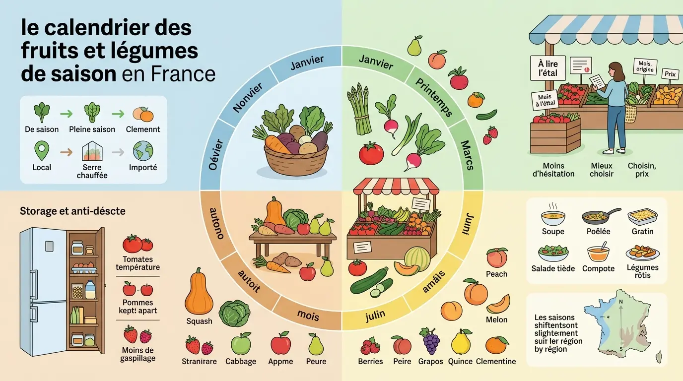 Calendrier illustré des légumes fruits saison en France, montrant les récoltes par mois et des conseils anti-gaspillage.
