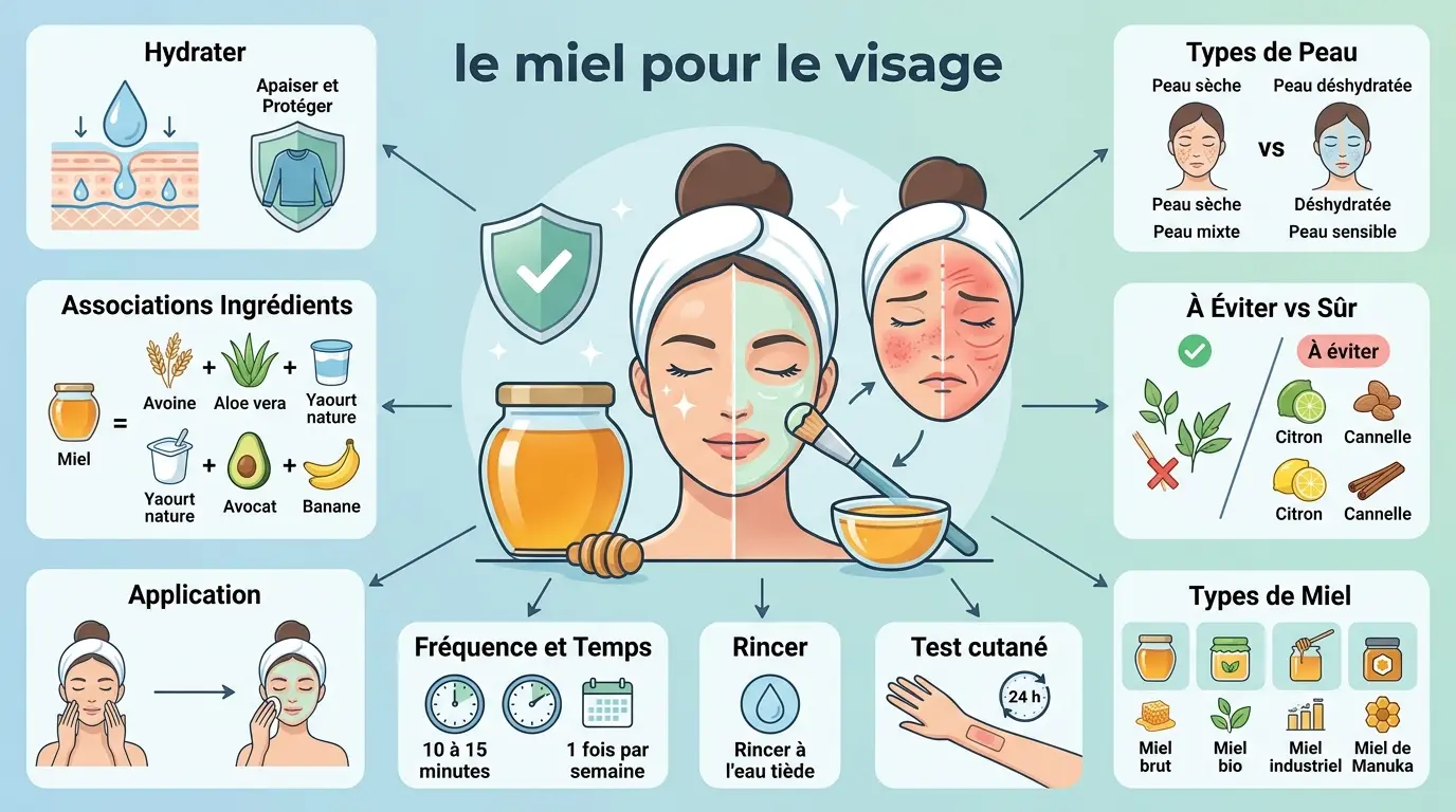 Infographie éducative sur le masque au miel pour le visage, montrant ses bienfaits et conseils d'application.