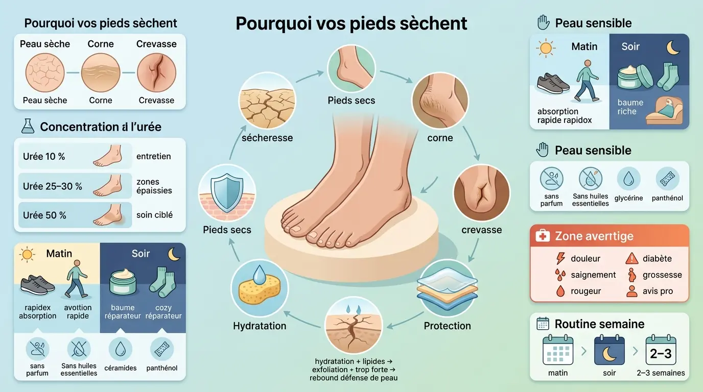 Infographie éducative sur le meilleur creme pieds selon l'état de la peau, avec illustrations et conseils pratiques.