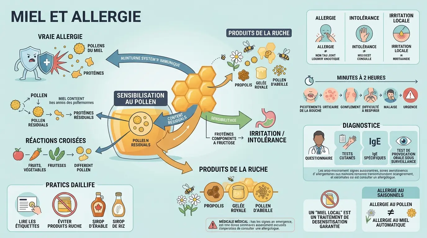 Infographie éducative sur miel et allergie, illustrant mécanismes, symptômes et conseils pratiques avec visuels clairs.
