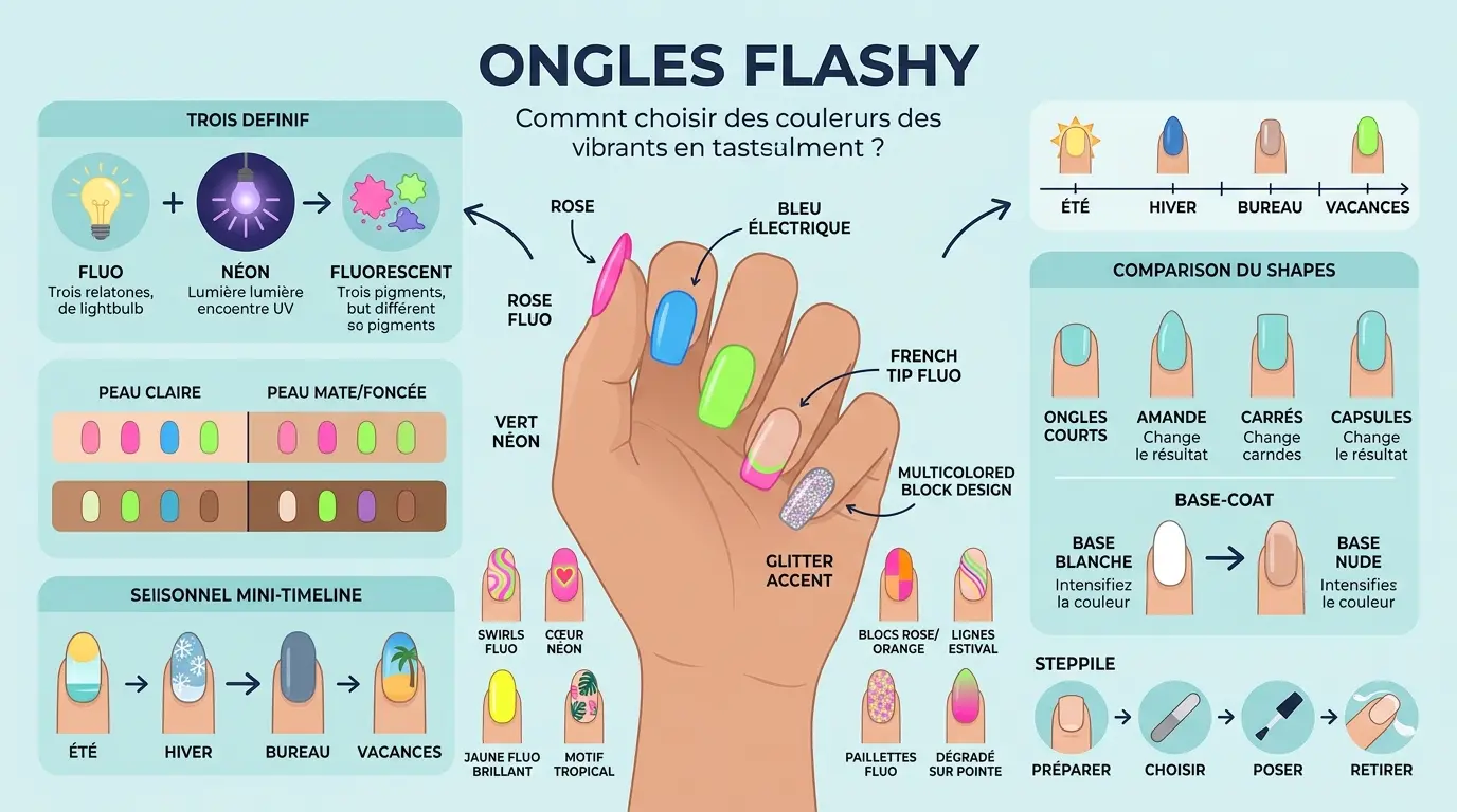 Infographie éducative sur les ongles flashy, montrant des manucures colorées et des conseils pour choisir des teintes pop.