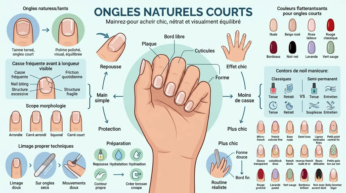 Infographie éducative sur l'ongle naturel court, montrant des conseils pour les rendre chics et équilibrés avec illustrations.