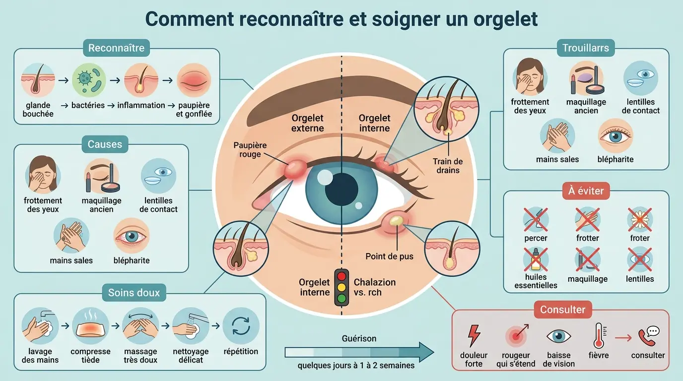 Infographie éducative sur comment reconnaître et soigner naturellement un orgelet avec illustrations des causes et soins.