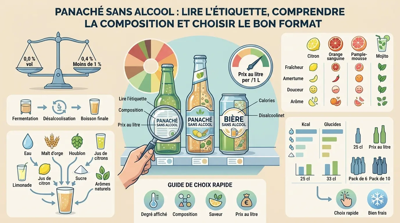 Infographie éducative sur le panaché sans alcool, montrant étiquettes, ingrédients, saveurs et choix de formats.