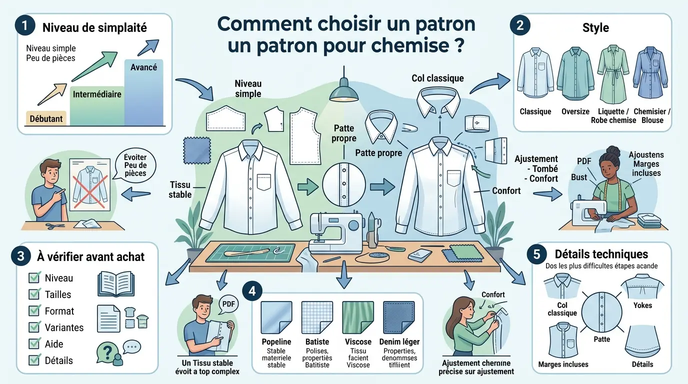Infographie éducative sur le choix d'un patron pour chemise selon le niveau, le style, le tissu et les critères d'achat.