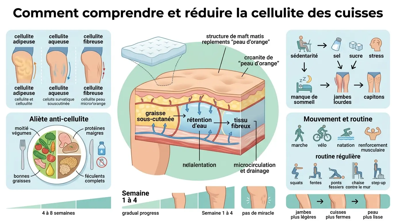 Infographie éducative sur comment comprendre et perdre la cellulite des cuisses avec illustrations et conseils pratiques.