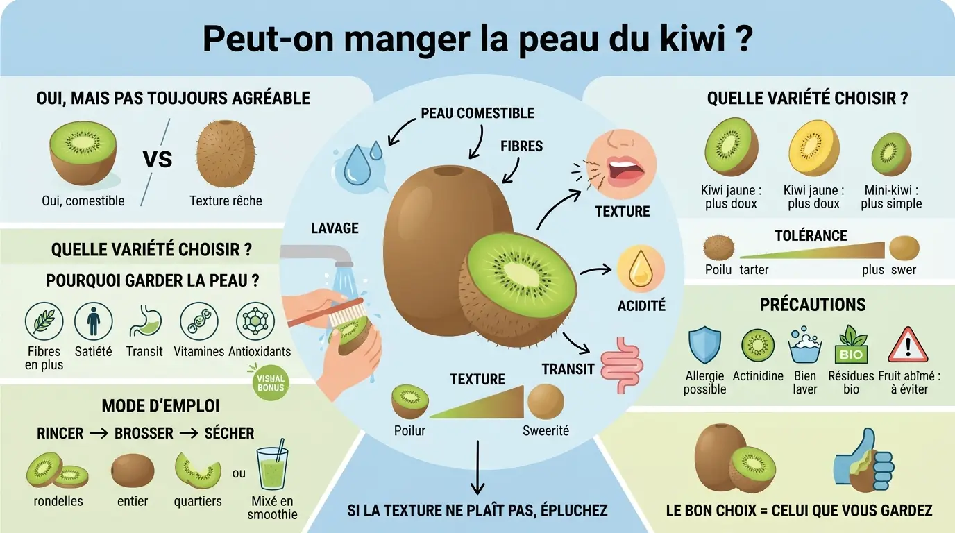 Infographie sur peut on manger la peau d'un kiwi, illustrant les variétés, textures, précautions et modes de consommation.