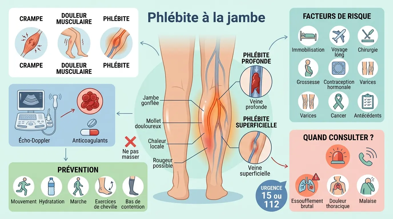 Infographie éducative sur phlébite jambe symptomes, illustrant les signes, risques et prévention avec des visuels clairs.
