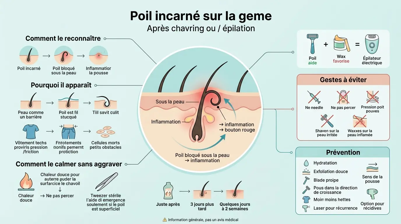 Infographie sur le poil incarné jambe, expliquant son mécanisme, prévention et gestes à éviter avec illustrations pédagogiques.