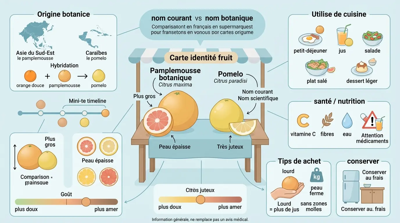 Infographie éducative sur les différences entre pomelos ou pamplemousse, illustrant taille, goût et usages culinaires.