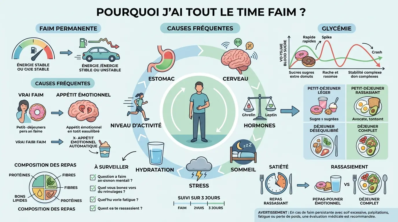 Infographie éducative expliquant pourquoi j ai tout le temps faim, illustrant les signaux de faim et leurs causes.