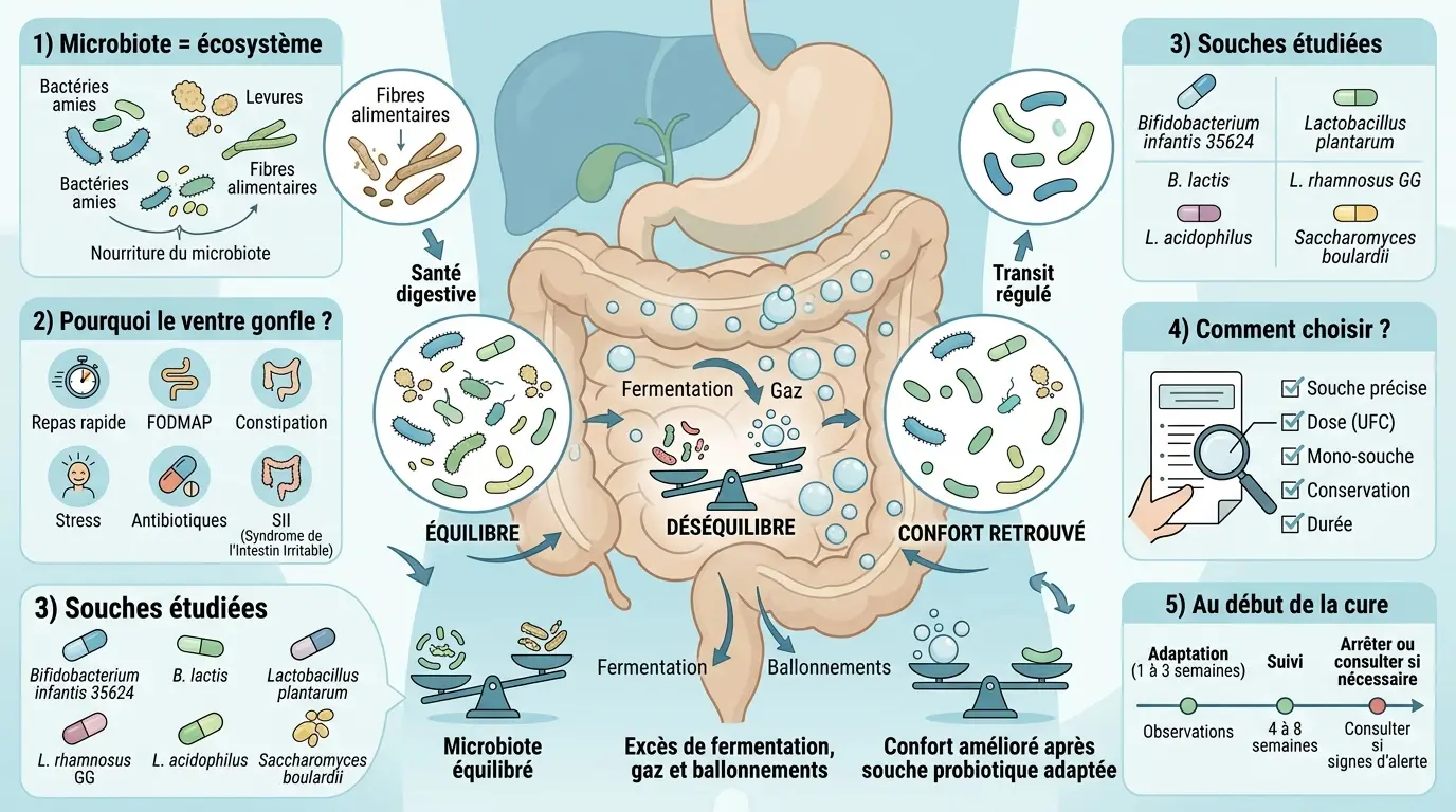 Infographie éducative sur le lien entre probiotique et ballonnement, illustrant un système digestif équilibré et ses états.