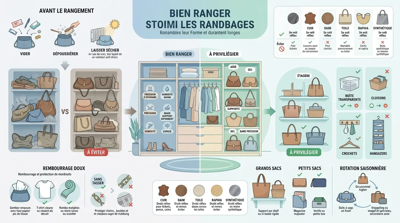 Infographie sur le rangement des sacs à main, montrant des méthodes pour les conserver en bon état avec des illustrations claires.
