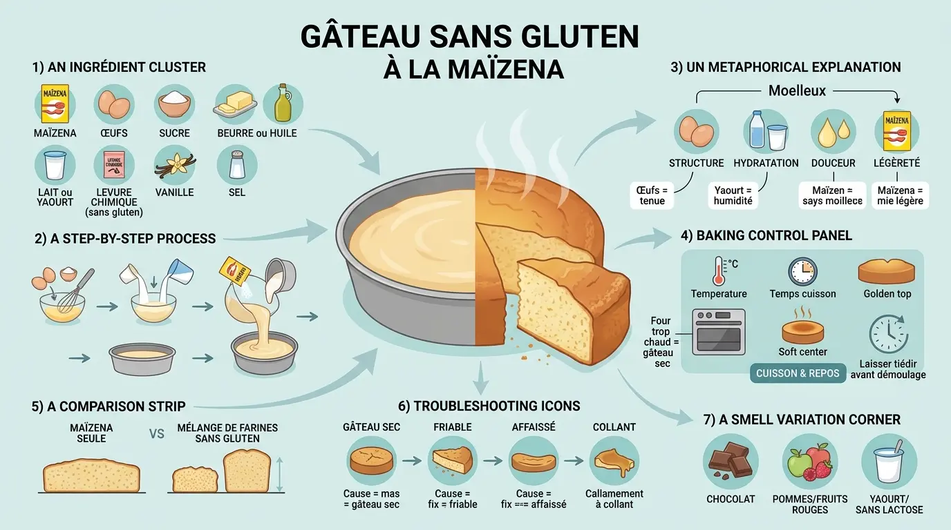 Infographie éducative sur la recette gâteau sans gluten maïzena, illustrant préparation, ingrédients et astuces visuelles.