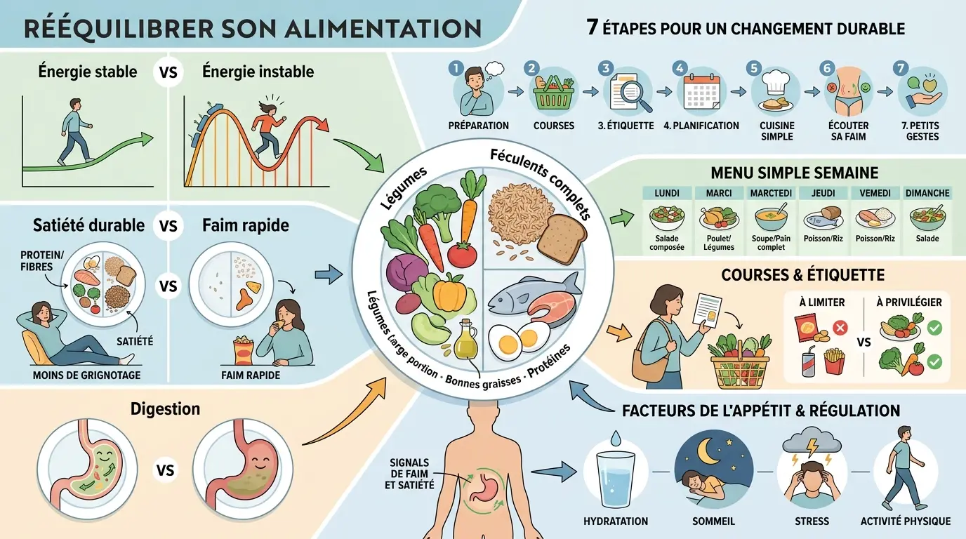 Infographie éducative illustrant comment rééquilibrer son alimentation avec des éléments visuels sur l'énergie, la satiété et les habitudes alimentaires.