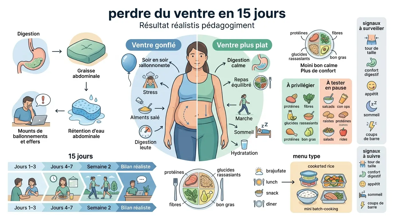 Infographie éducative sur le régime ventre plat 15 jours, comparant ventre gonflé et ventre plat avec conseils pratiques.