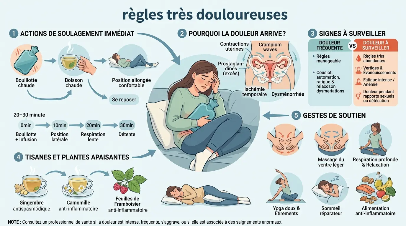 Infographie éducative sur les règles très douloureuses et remèdes de grand-mère, avec conseils visuels et illustrations.