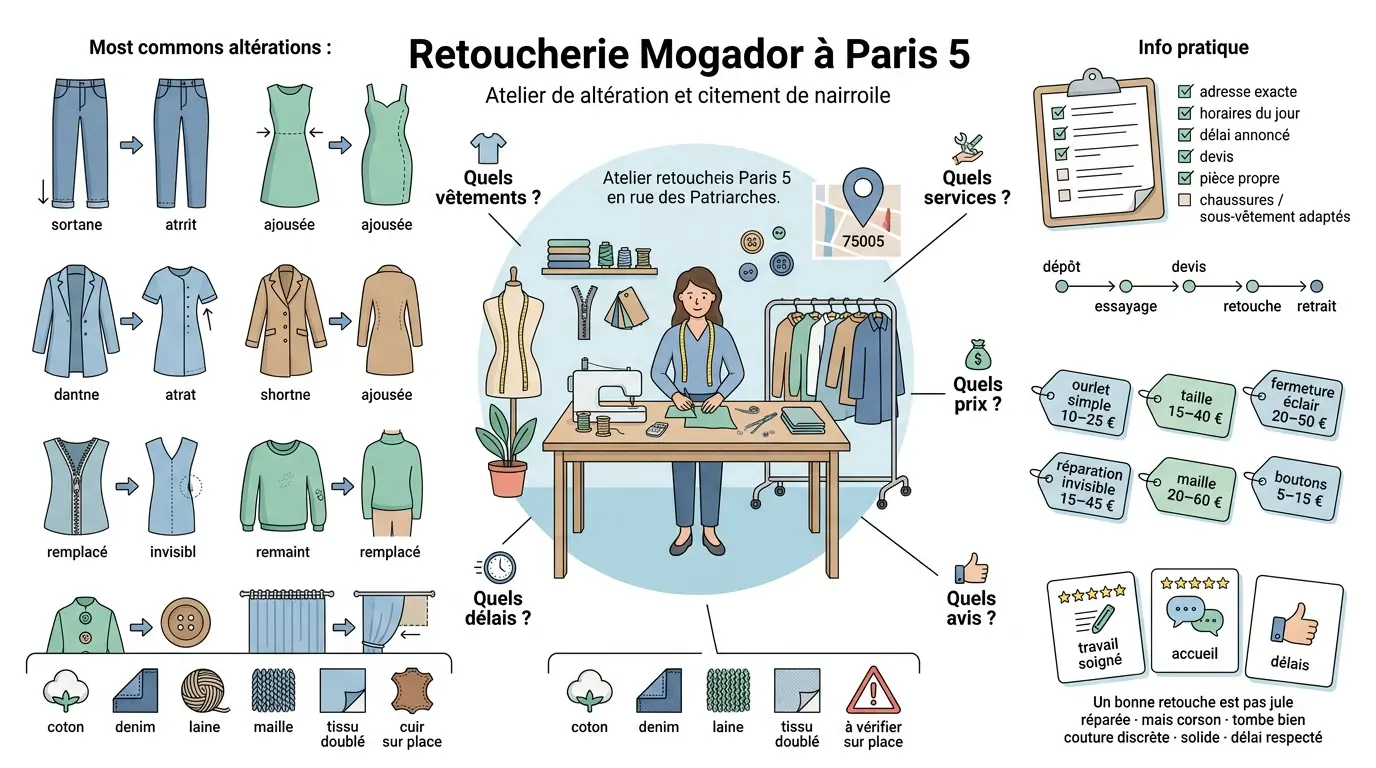 Infographie éducative sur la retoucherie mogador à Paris 5, illustrant services, prix et avis clients sur les retouches.
