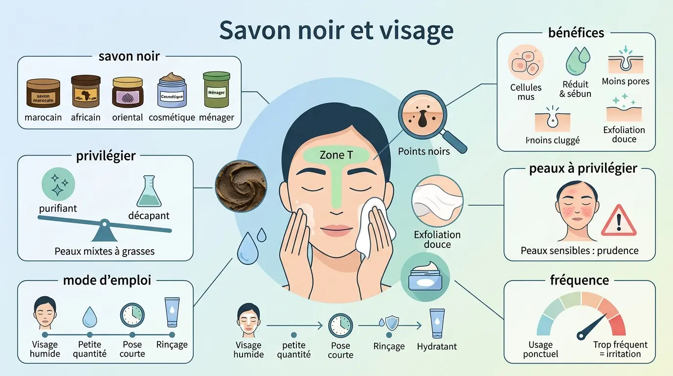 Infographie éducative sur le savon noir et visage, illustrant un rituel de soin avec étapes et bénéfices.