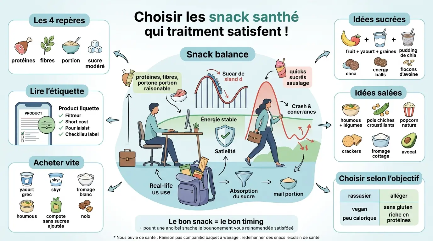 Infographie éducative sur les snacks sains, montrant un équilibre entre énergie stable et pics de sucre, avec conseils et idées.